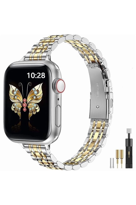 Slim Metal Band Compatible with Apple Watch Band 42mm(Series 10) 41mm 40mm 38mm,Dressy Stainless Steel Chain Strap for Women iWatch Bands Series 9 8 7 6 5 4 3 2 1 SE,Silver/Gold