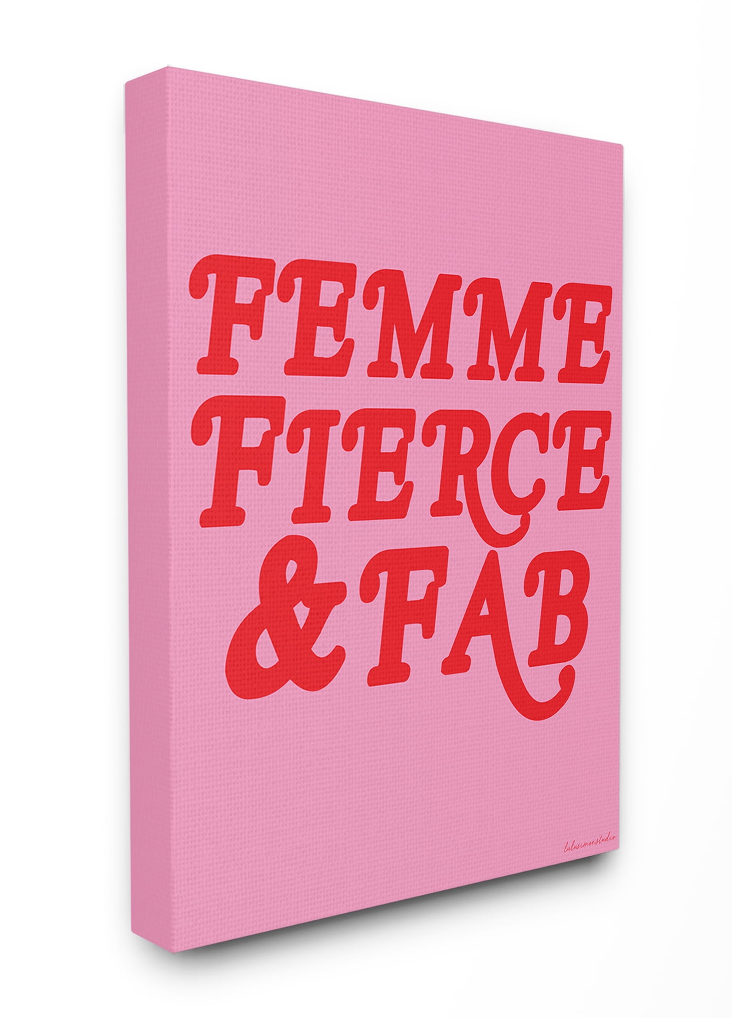 lulusimonSTUDIO Pink and Red Script Femme Fierce And Fab Typography Stretched Canvas Wall Art, 16 x 1.5 x 20