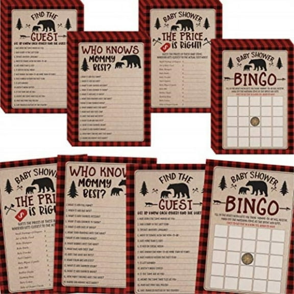 lumberjack boy baby shower games, bingo, find the guest, the price is right, who knows mommy best, 25 games each