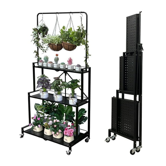 lumizone Foldable 4-Tier Plant Stand Indoor Outdoor Hanging Plant Shelf No Assembly Required Pot Placement Area With Wheels Sturdy Fall Prevention Storage Shelf Flower Pot Stand(4 Tier-Black)