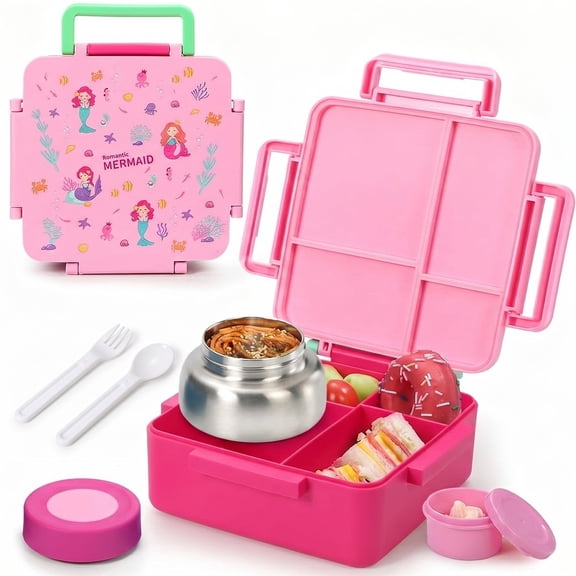 MEHOOM Kids Lunch Box, Leakproof Bento Box for kids with 4 Compartments & 18oz Soup Thermos for Hot Food, kids Insulated Lunch Box Durable, Drop-Proof, BPA-Free Materials (Pink Mermaid)