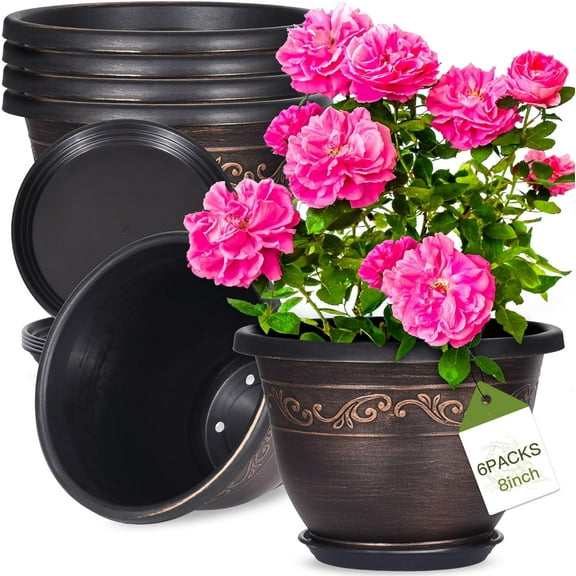 luoheqisen 8'' x5.70'' Round Brown Resin Antique Flower Pot with Drainage Hole (6 Count)