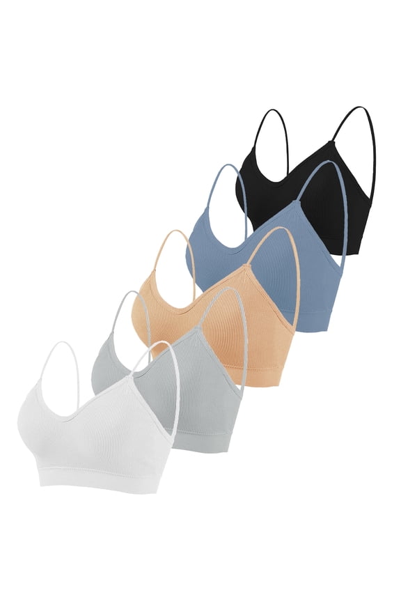 5 Pieces Cami Bras Women's V-Neck Padded Seamless Straps Bralette Everyday Basic Sleeping Bra with Removable Pads for Women Girls L