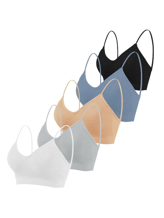 5 Pieces Cami Bras Women's V-Neck Padded Seamless Straps Bralette Everyday Basic Sleeping Bra with Removable Pads for Women Girls S