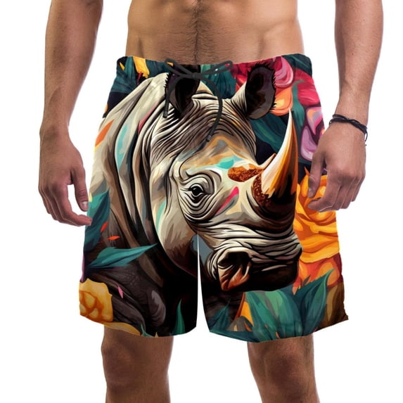 luoweisi Men's Beach Shorts Quick Dry Swim Trunks with Mesh Lining Abstract Rhinoceros 2XL