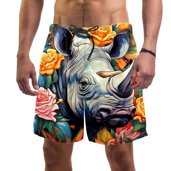 luoweisi Men's Beach Shorts Quick Dry Swim Trunks with Mesh Lining Abstract Rhinoceros 2XL