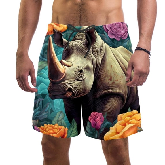 luoweisi Men's Beach Shorts Quick Dry Swim Trunks with Mesh Lining Abstract Rhinoceros L