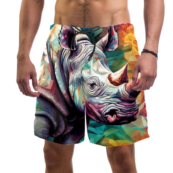 luoweisi Men's Beach Shorts Quick Dry Swim Trunks with Mesh Lining Abstract Rhinoceros L