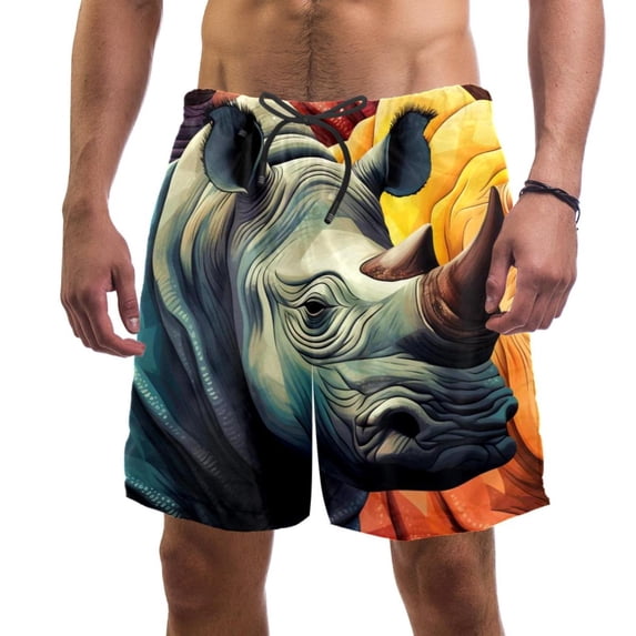 luoweisi Men's Beach Shorts Quick Dry Swim Trunks with Mesh Lining Abstract Rhinoceros L
