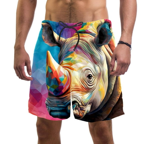luoweisi Men's Beach Shorts Quick Dry Swim Trunks with Mesh Lining Abstract Rhinoceros L