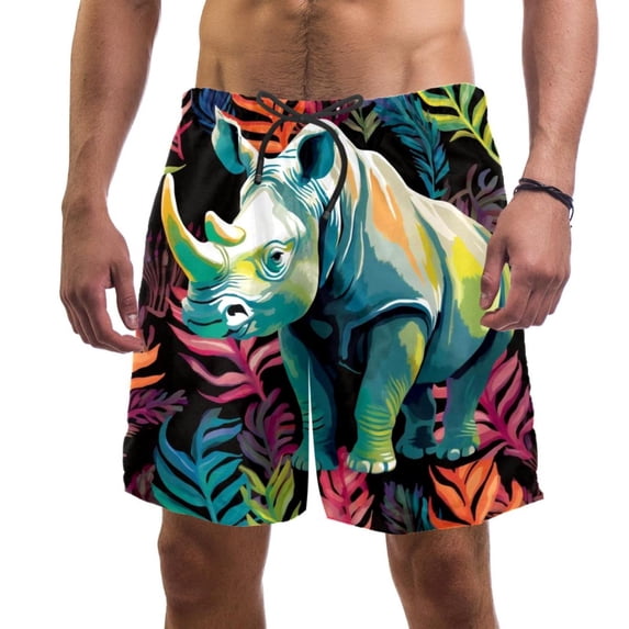luoweisi Men's Beach Shorts Quick Dry Swim Trunks with Mesh Lining Abstract Rhinoceros L