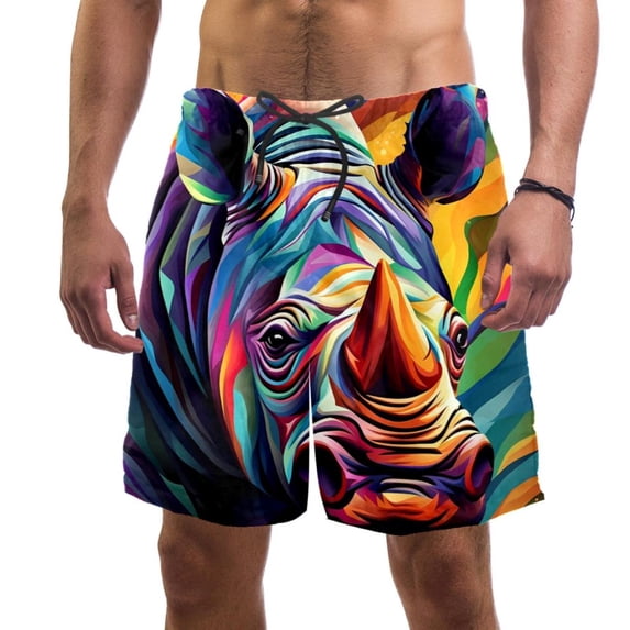 luoweisi Men's Beach Shorts Quick Dry Swim Trunks with Mesh Lining Abstract Rhinoceros S