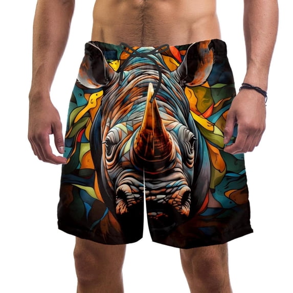 luoweisi Men's Beach Shorts Quick Dry Swim Trunks with Mesh Lining Abstract Rhinoceros S