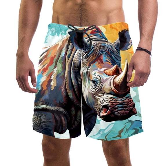 luoweisi Men's Beach Shorts Quick Dry Swim Trunks with Mesh Lining Abstract Rhinoceros S