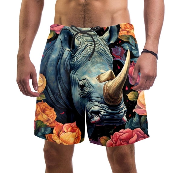 luoweisi Men's Beach Shorts Quick Dry Swim Trunks with Mesh Lining Abstract Rhinoceros S