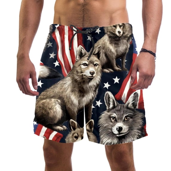 luoweisi Men's Beach Shorts Quick Dry Swim Trunks with Mesh Lining American Flag and Animals L