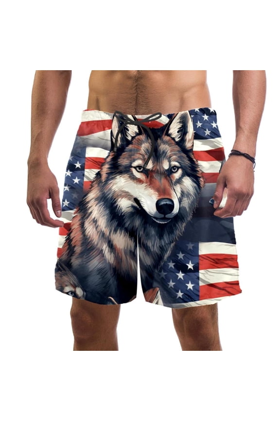 Men's Beach Shorts Quick Dry Swim Trunks with Mesh Lining American Flag and Animals L
