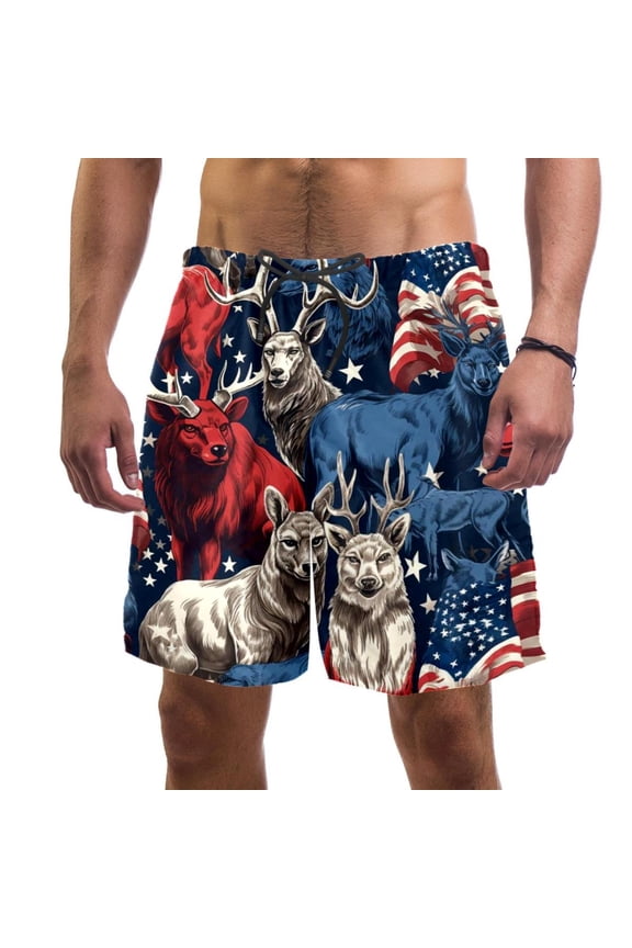 Men's Beach Shorts Quick Dry Swim Trunks with Mesh Lining American Flag and Animals L