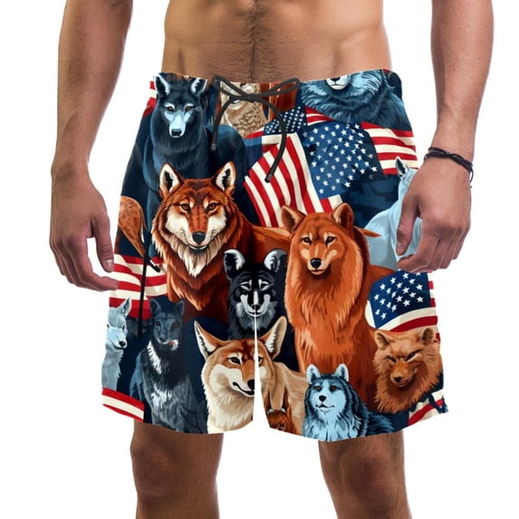 luoweisi Men's Beach Shorts Quick Dry Swim Trunks with Mesh Lining American Flag and Animals M