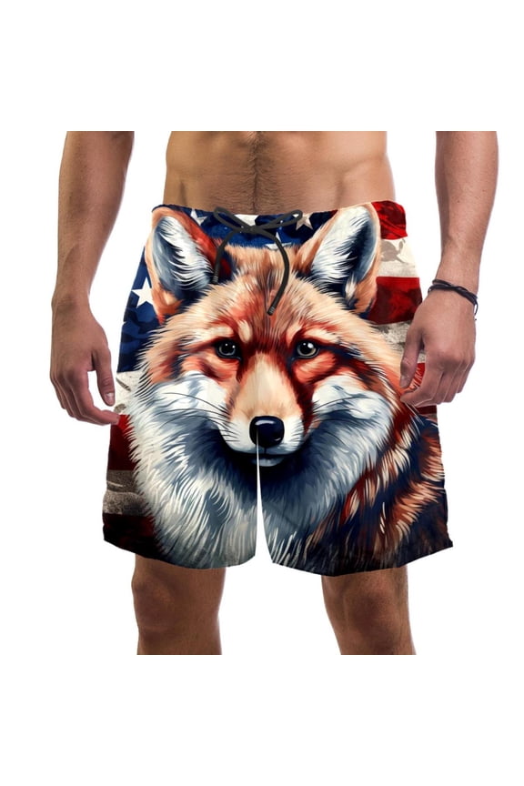 Men's Beach Shorts Quick Dry Swim Trunks with Mesh Lining American Flag and Animals M