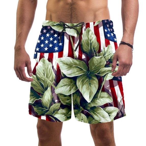 luoweisi Men's Beach Shorts Quick Dry Swim Trunks with Mesh Lining American Flag and Plants L