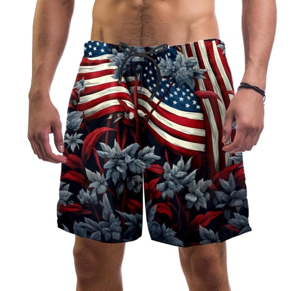 luoweisi Men's Beach Shorts Quick Dry Swim Trunks with Mesh Lining American Flag and Plants L