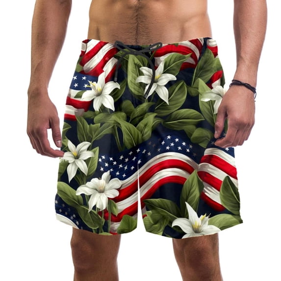 luoweisi Men's Beach Shorts Quick Dry Swim Trunks with Mesh Lining American Flag and Plants M