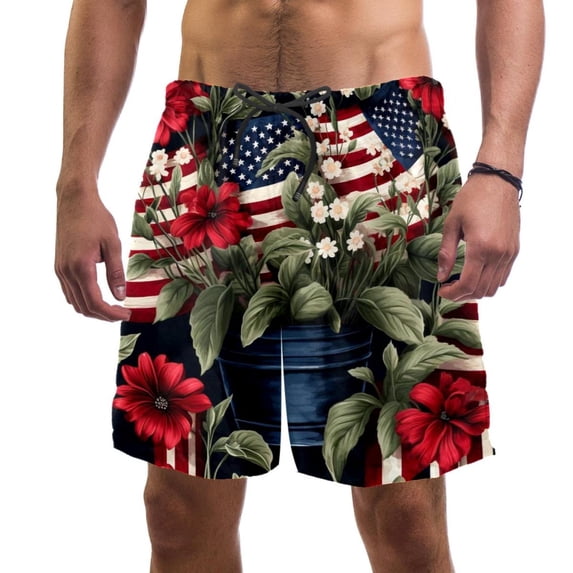 luoweisi Men's Beach Shorts Quick Dry Swim Trunks with Mesh Lining American Flag and Plants XL