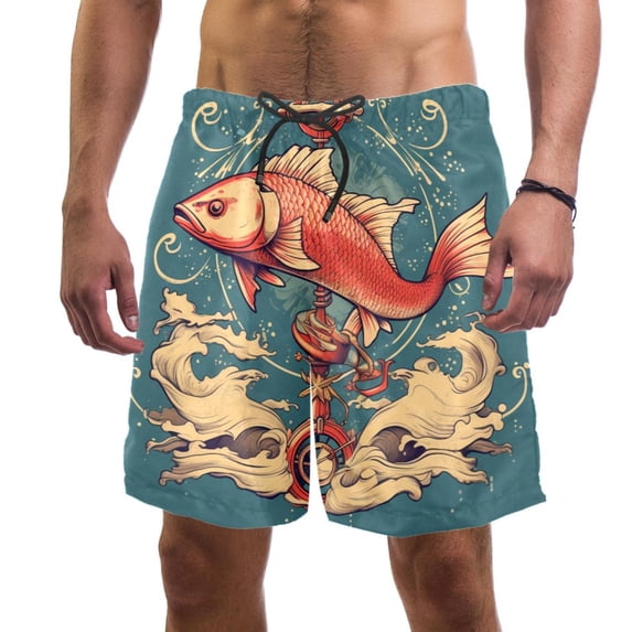 luoweisi Men's Beach Shorts Quick Dry Swim Trunks with Mesh Lining Anchor Fish L