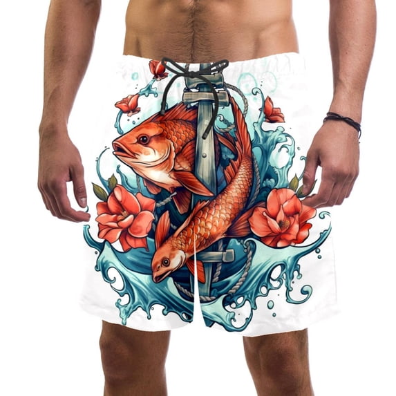luoweisi Men's Beach Shorts Quick Dry Swim Trunks with Mesh Lining Anchor Fish L