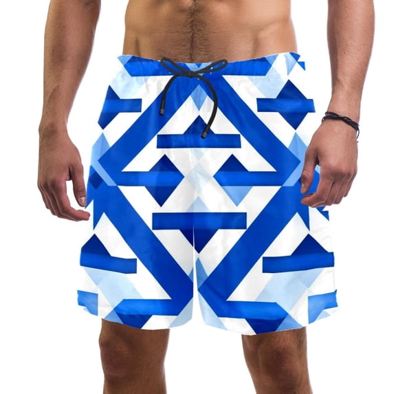 luoweisi Men's Beach Shorts Quick Dry Swim Trunks with Mesh Lining Blue and White Geometry 2XL