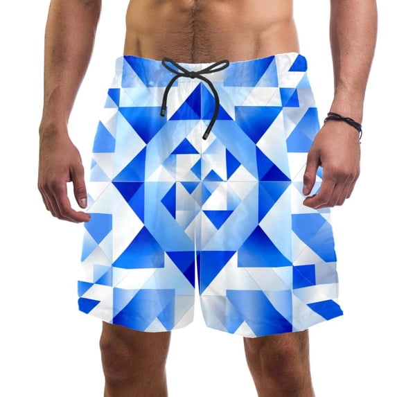 luoweisi Men's Beach Shorts Quick Dry Swim Trunks with Mesh Lining Blue and White Geometry L