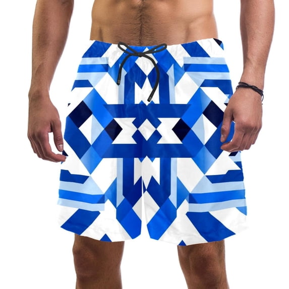 luoweisi Men's Beach Shorts Quick Dry Swim Trunks with Mesh Lining Blue and White Geometry M