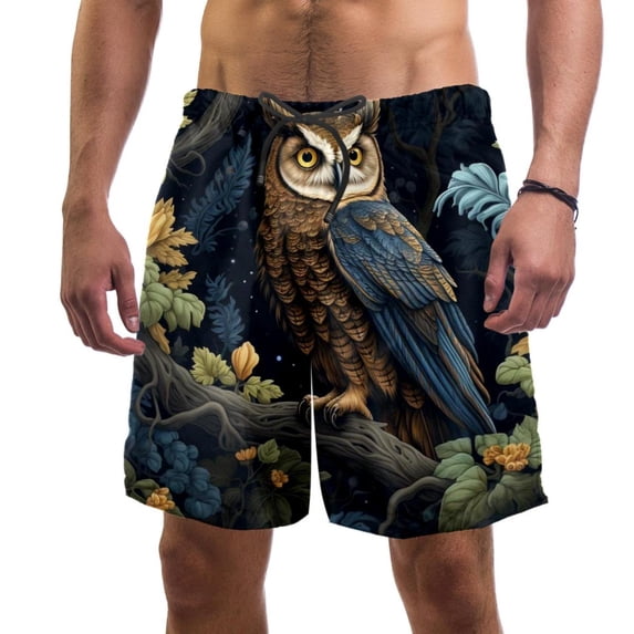 luoweisi Men's Beach Shorts Quick Dry Swim Trunks with Mesh Lining Cartoon Owl L
