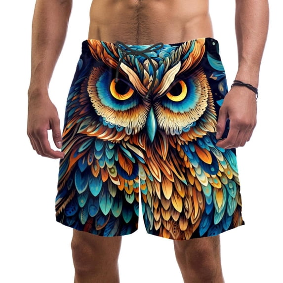 luoweisi Men's Beach Shorts Quick Dry Swim Trunks with Mesh Lining Cartoon Owl L