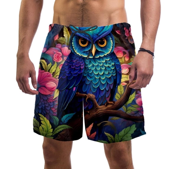 luoweisi Men's Beach Shorts Quick Dry Swim Trunks with Mesh Lining Cartoon Owl L