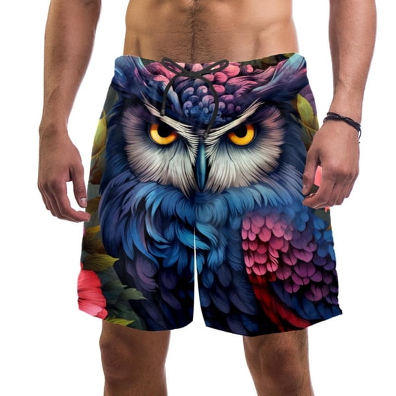 luoweisi Men's Beach Shorts Quick Dry Swim Trunks with Mesh Lining Cartoon Owl L