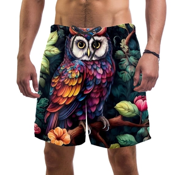 luoweisi Men's Beach Shorts Quick Dry Swim Trunks with Mesh Lining Cartoon Owl M