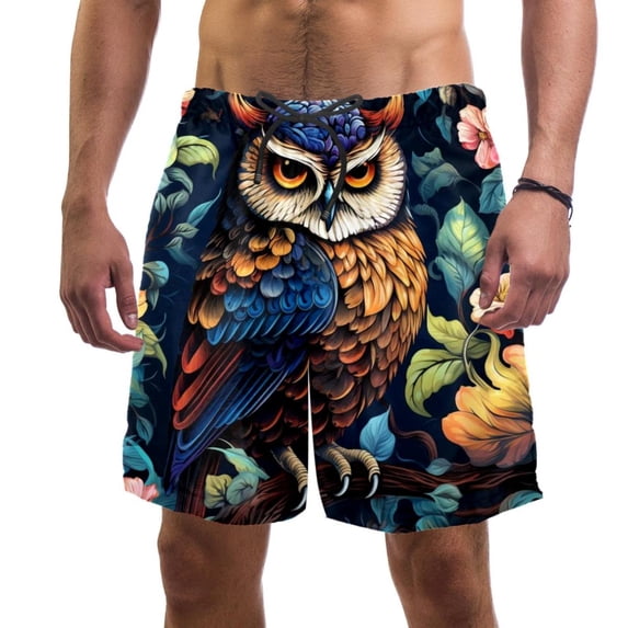 luoweisi Men's Beach Shorts Quick Dry Swim Trunks with Mesh Lining Cartoon Owl S