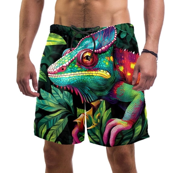 luoweisi Men's Beach Shorts Quick Dry Swim Trunks with Mesh Lining Chameleon L