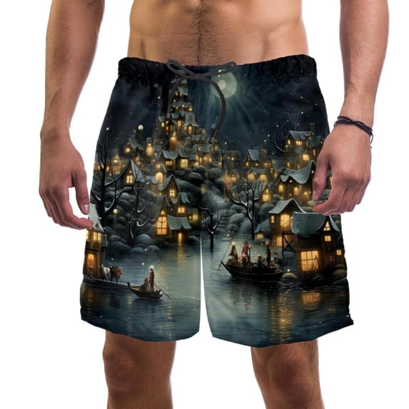 luoweisi Men's Beach Shorts Quick Dry Swim Trunks with Mesh Lining Christmas Night L