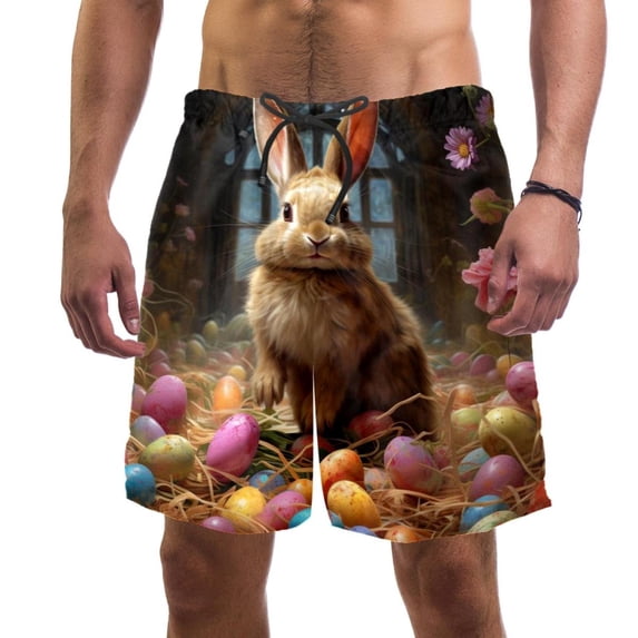 luoweisi Men's Beach Shorts Quick Dry Swim Trunks with Mesh Lining Easter Rabbit L