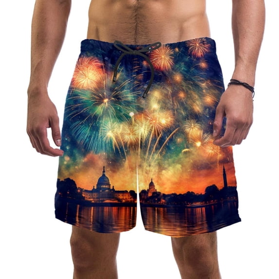 luoweisi Men's Beach Shorts Quick Dry Swim Trunks with Mesh Lining Fireworks M