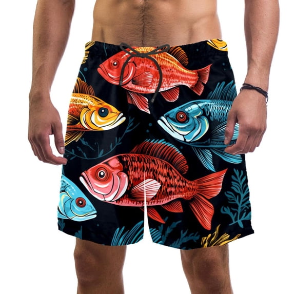 luoweisi Men's Beach Shorts Quick Dry Swim Trunks with Mesh Lining Fish L