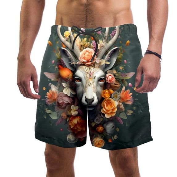 luoweisi Men's Beach Shorts Quick Dry Swim Trunks with Mesh Lining Flower Deer L