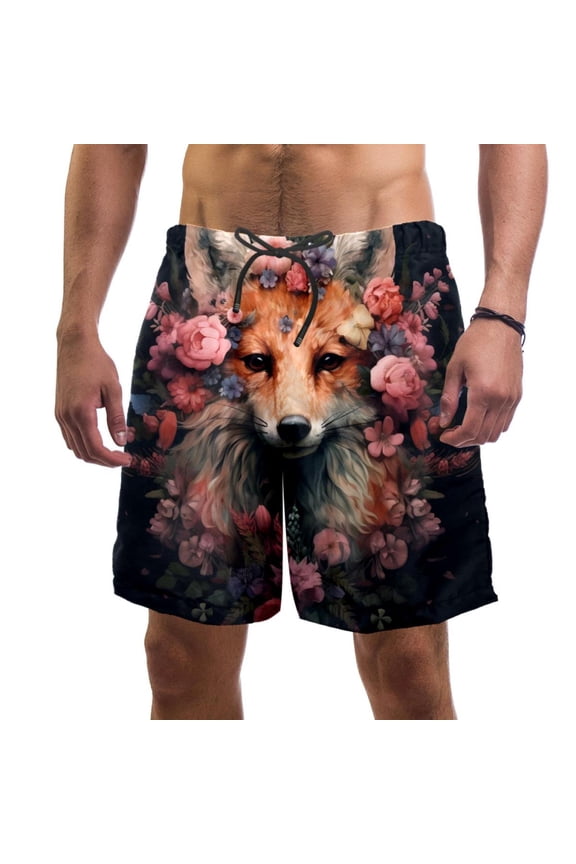 Men's Beach Shorts Quick Dry Swim Trunks with Mesh Lining Flower Fox 2XL