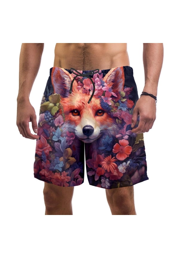 Men's Beach Shorts Quick Dry Swim Trunks with Mesh Lining Flower Fox S