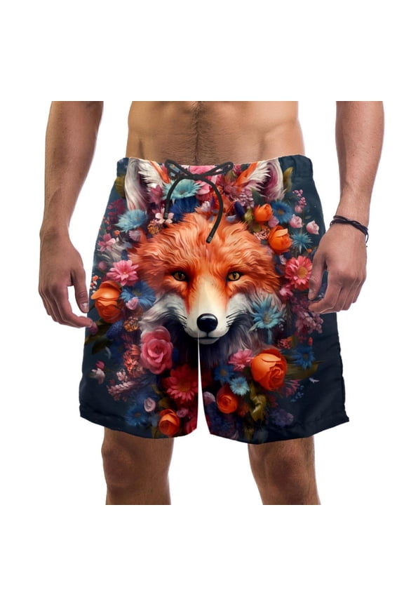 Men's Beach Shorts Quick Dry Swim Trunks with Mesh Lining Flower Fox S