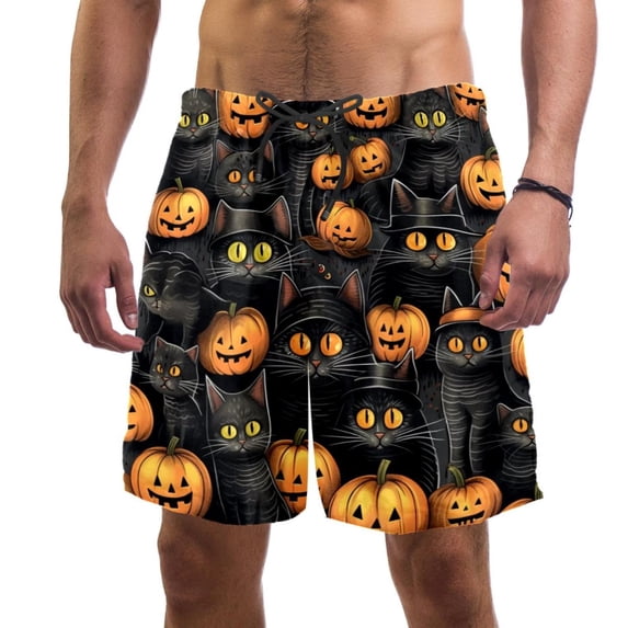 luoweisi Men's Beach Shorts Quick Dry Swim Trunks with Mesh Lining Halloween Black Cat L