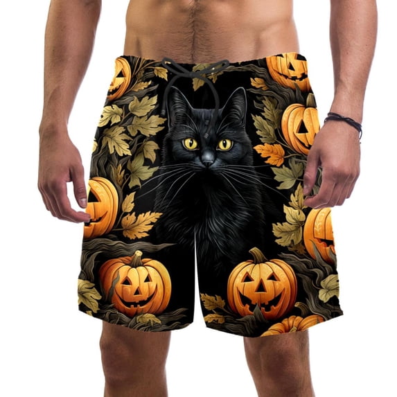luoweisi Men's Beach Shorts Quick Dry Swim Trunks with Mesh Lining Halloween Black Cat L